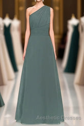 Dark Sage Green Chiffon One-Shoulder Long Bridesmaid Dresses
